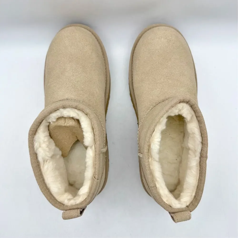 UGG Women Classic Ultra Mini Platform Boot US 5 Sand Suede Fur Plush Lining NWOB